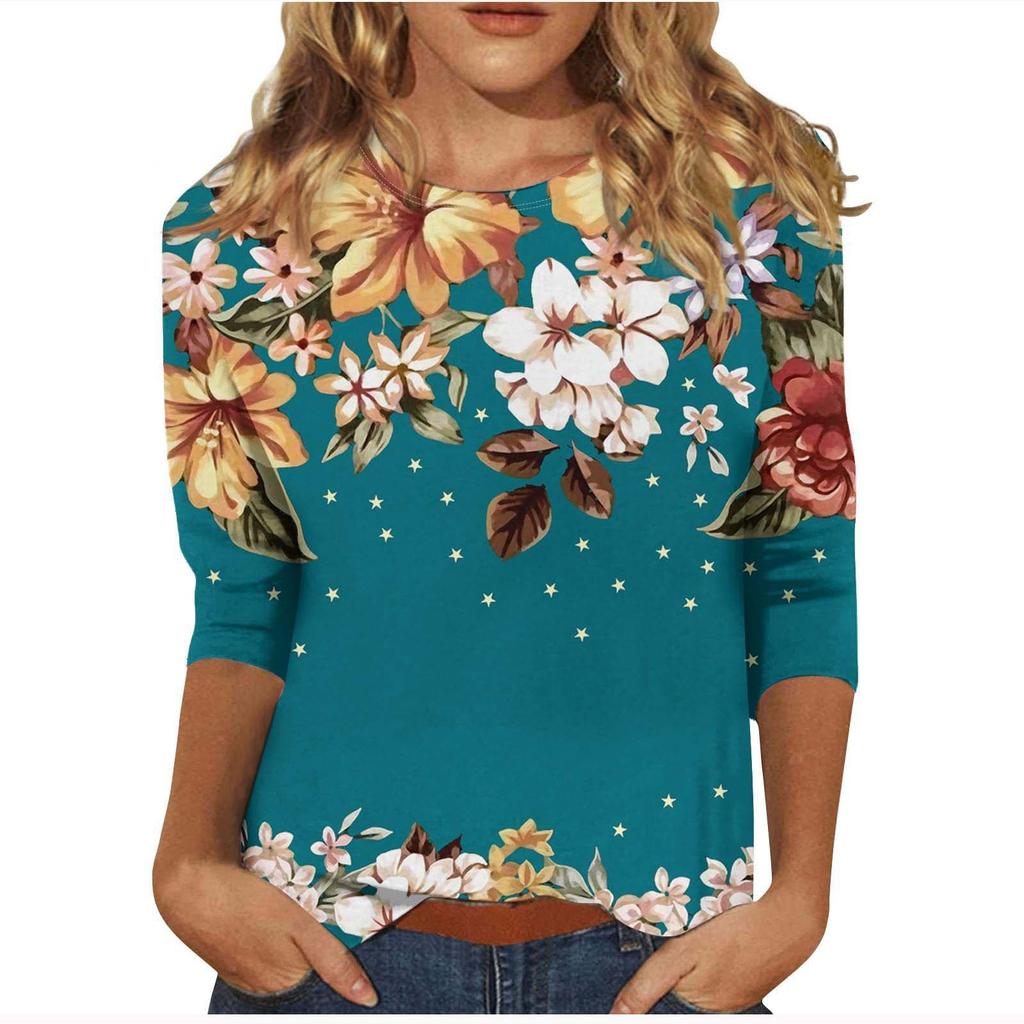 Rundhalsausschnitt 3D Blumen bedrucktes Top Modisches lässiges Langarm-Damen-T-Shirt