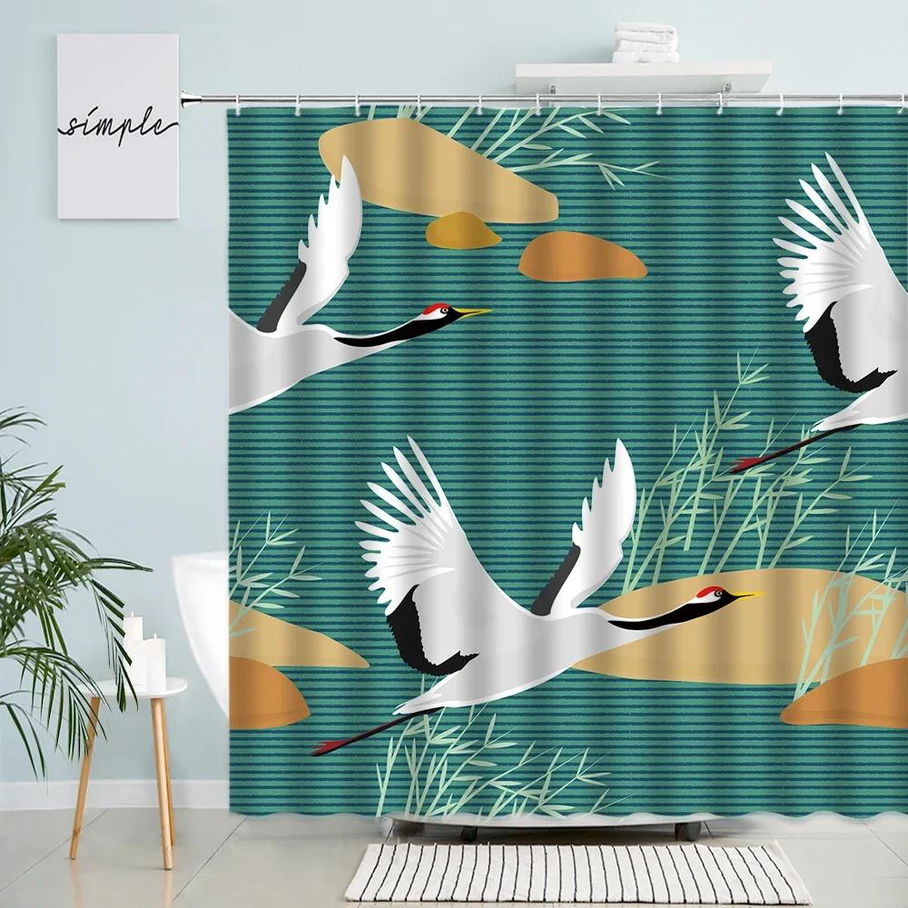 White Crane Shower Curtains Green Leaves Plants Japanese Style Stripe Pattern Decor Polyester Fabric Bathroom Curtain With Hooks