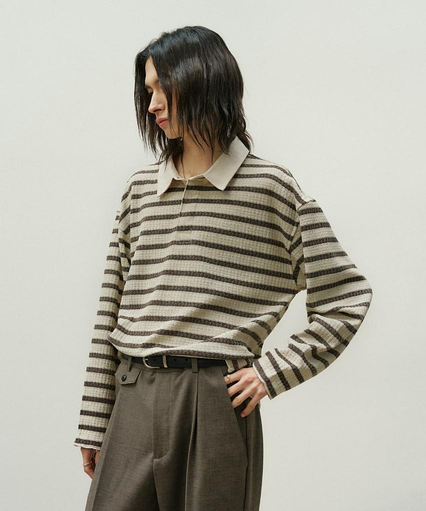MINAV Striped Knit Collared T-Shirt [Beige]