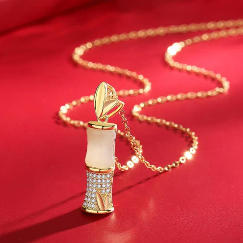 Classic S925 Sterling Silver Hetian Jade Necklace, Elegant Green Bamboo Pendant, Retro Light Luxury with a New Chinese Style for Women