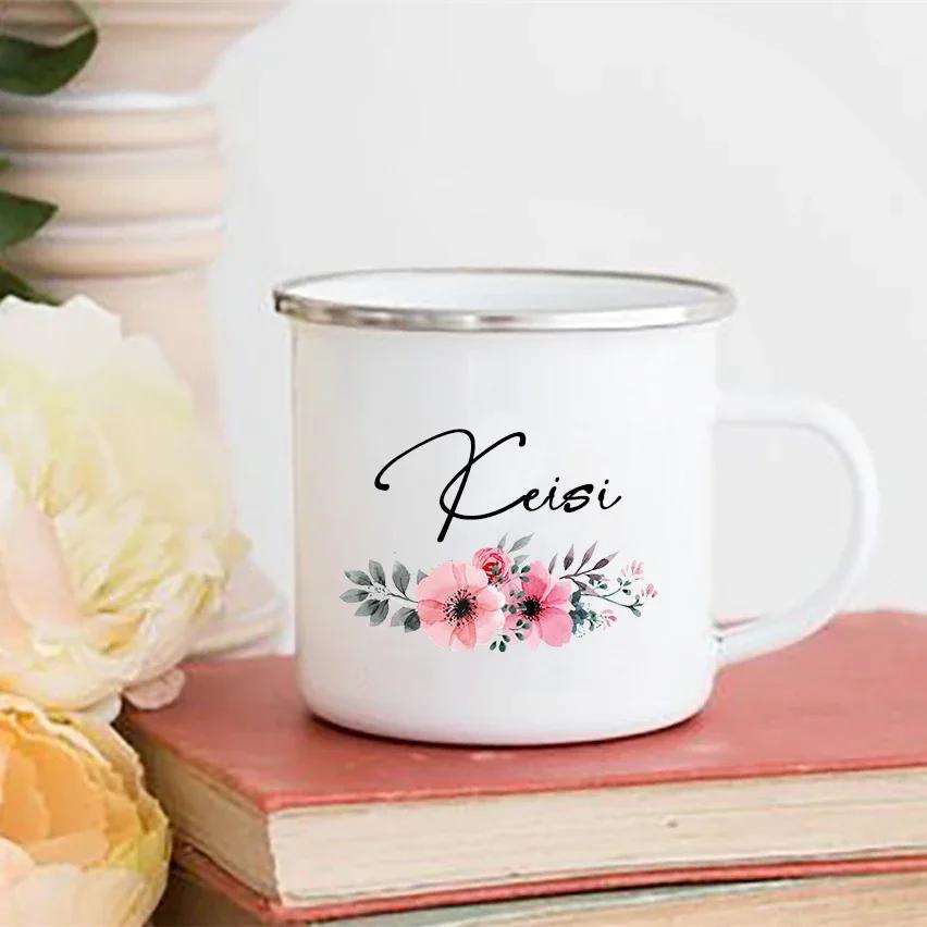 Personalized Flower Custom Name Enamel Mugs Summer Outdoor Coffee Juice Mug Picnic Camping Handle Cup Teacher Mother Friend Gift