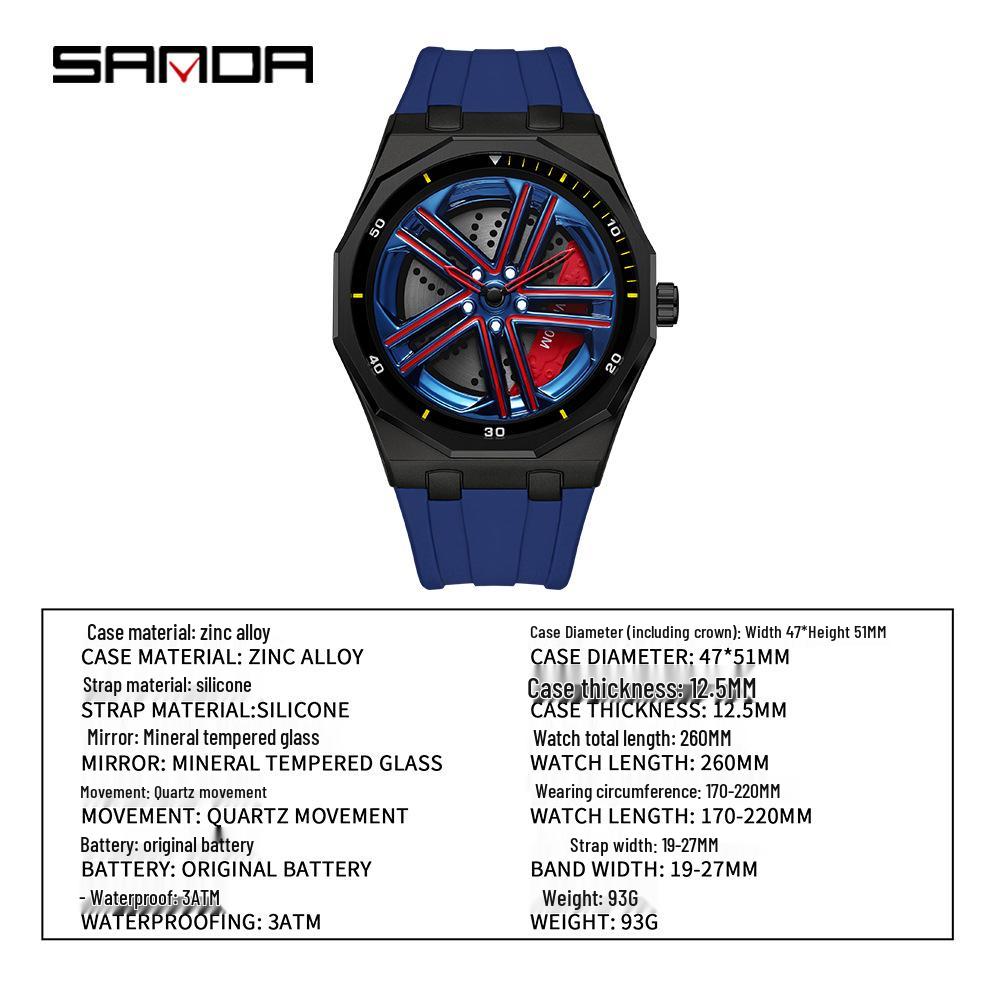 Sanda Men's Waterproof Alloy Car Wheel Design Silicone Wristwatch
