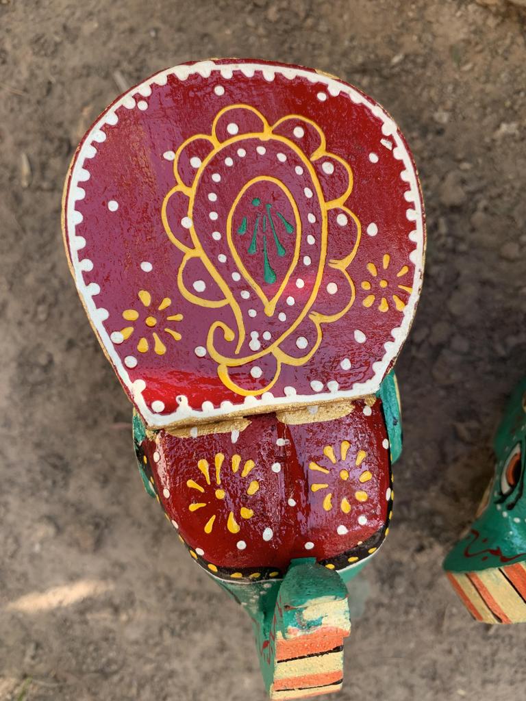 Hand Painted Wooden Elephant Stool Pair, Indian Folk Art Decorative Table