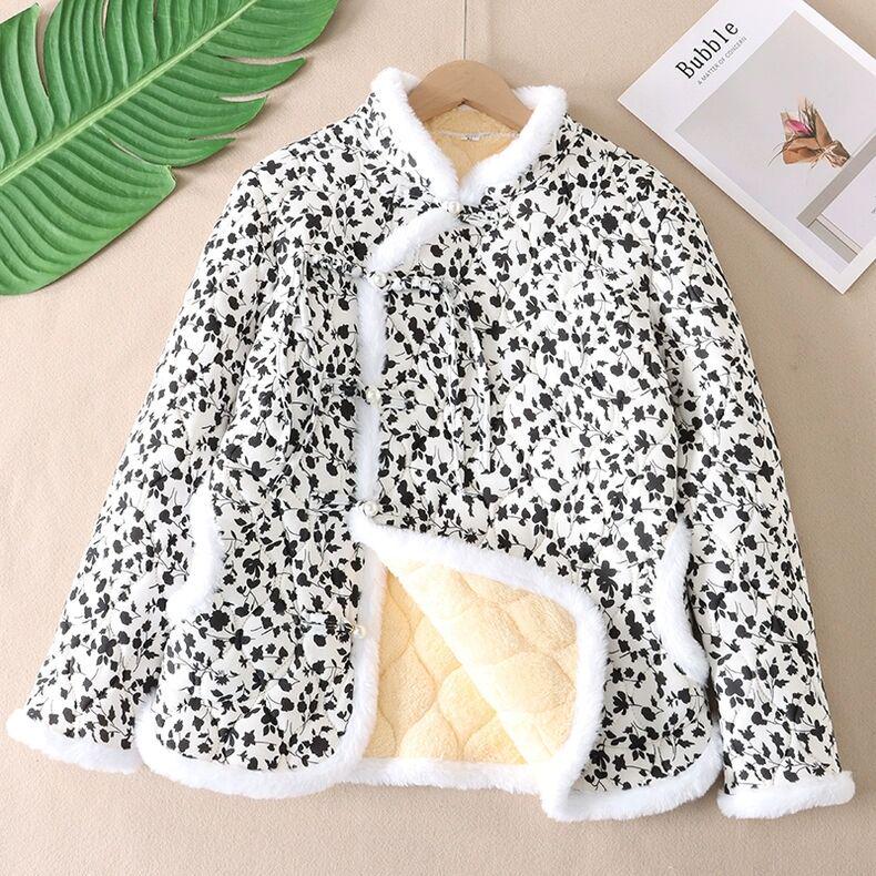 Women's Stand Collar Floral Padded Jacket - Chinese Style Winter Coat with Retro Frog Buttons and Ethnic Design, Plus Velvet for Warmth.