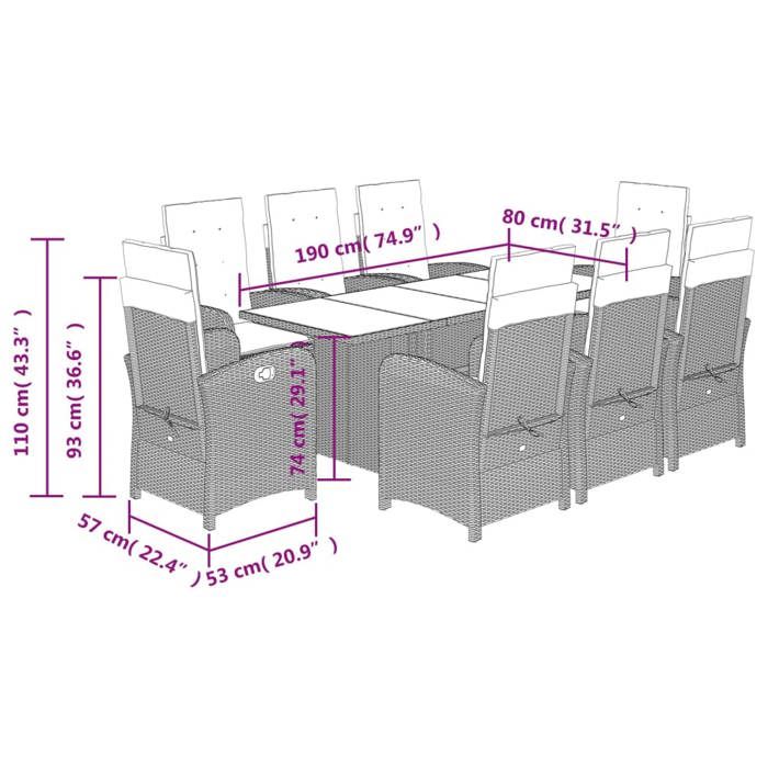 VidaXL Ensemble à Manger de Jardin avec Coussins 9 pcs, Table et Chaises avec Dossier Réglable, Meubles d'Extérieur Patio 3212255