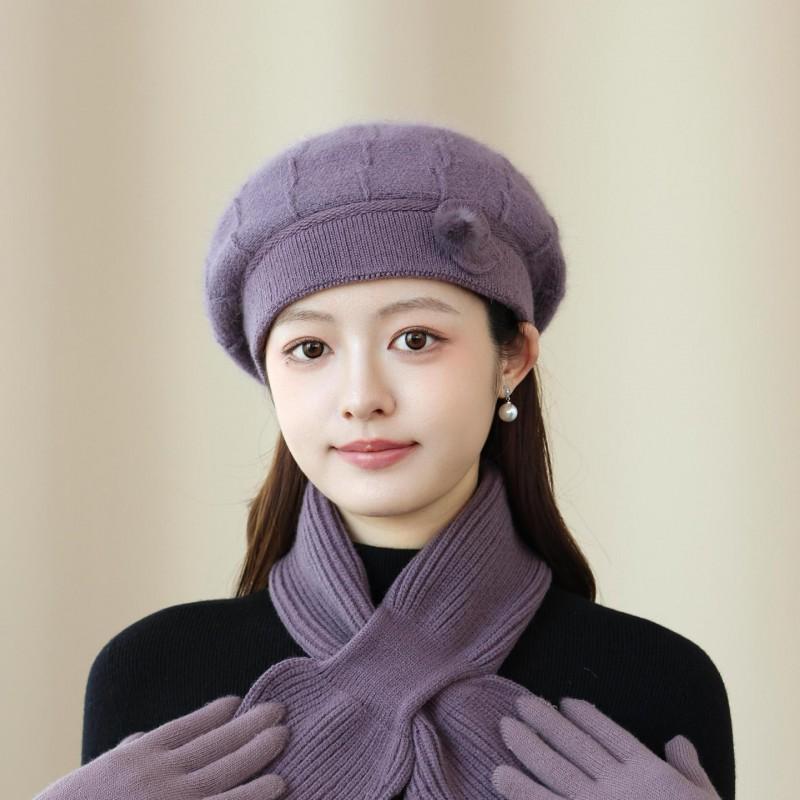 Womens Knitted Beret Hat Winter Warm Rabbit Hair Beanie With Scarf Gloves Set British Style Elegant Cap Cold Weather