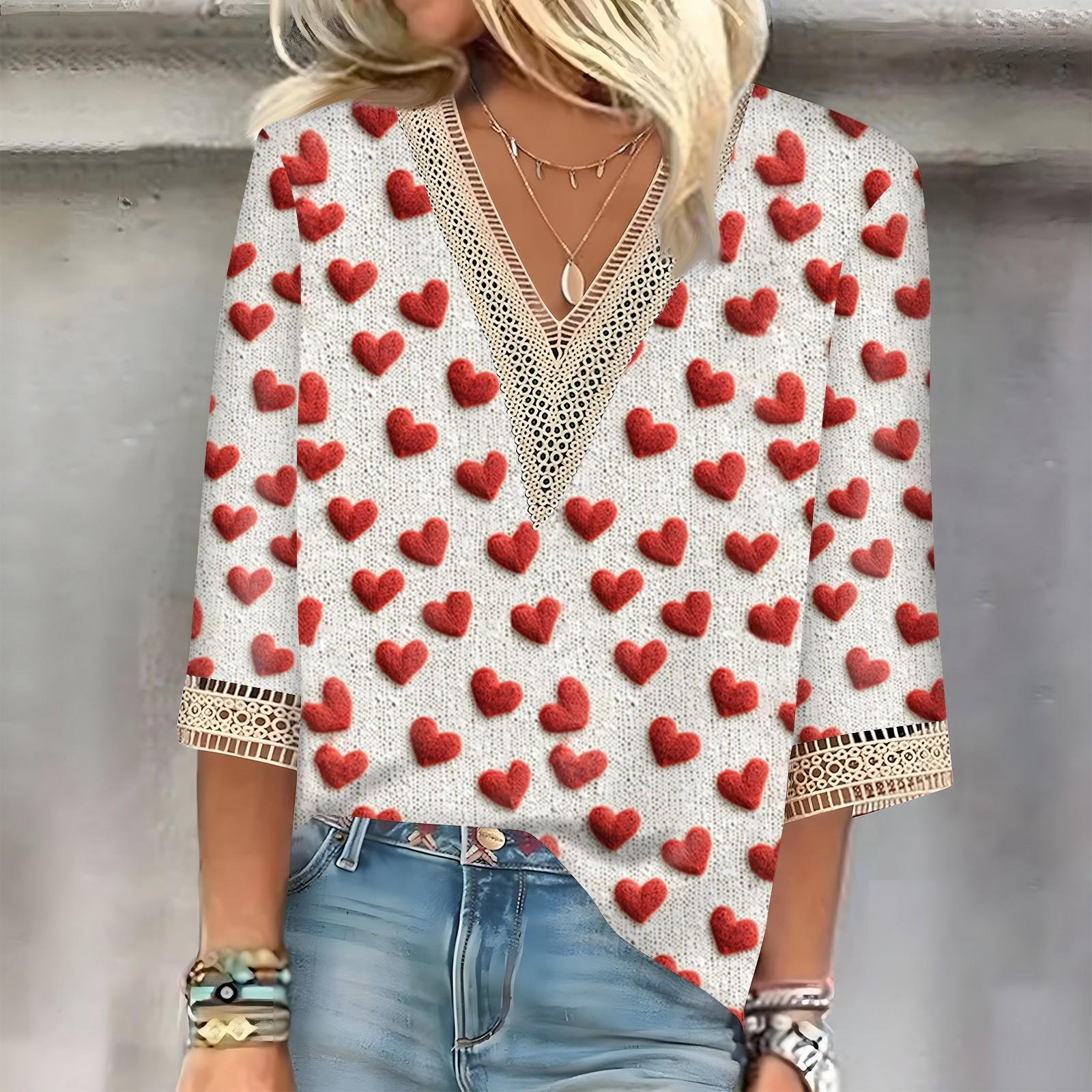 

Женский топ с рукавом три четверти, кружевной, с 3D-принтом ко Дню святого Валентина L бежевый