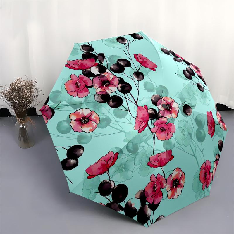 1pc Floral Pattern with Pink Flowers and Black Berries Umbrella with Plastic Handle,Suitable for All Seasons Umbrellaptys26057