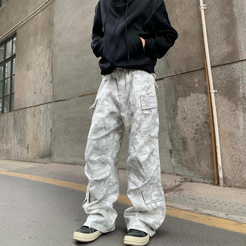 Grey camouflage overalls men's and women's tied feet American high street hiphop wide-leg straight casual long pants tide ins
