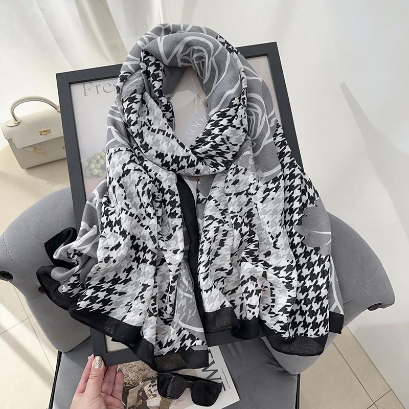 Fashion Creative Thousand Bird Grid Flower Print Scarf Autumn and Winter Women's Office Travel Photography Cotton and Linen Shawl Tide