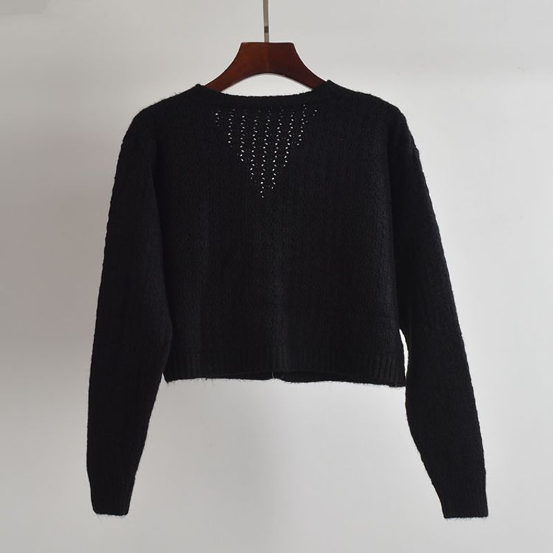 French Simplicity Pure Color V-neck Hollow Knitting Cardigan Female Spring & Fall Elegant Single-Breasted Long Sleeve Outwear Easiest for Match Tops