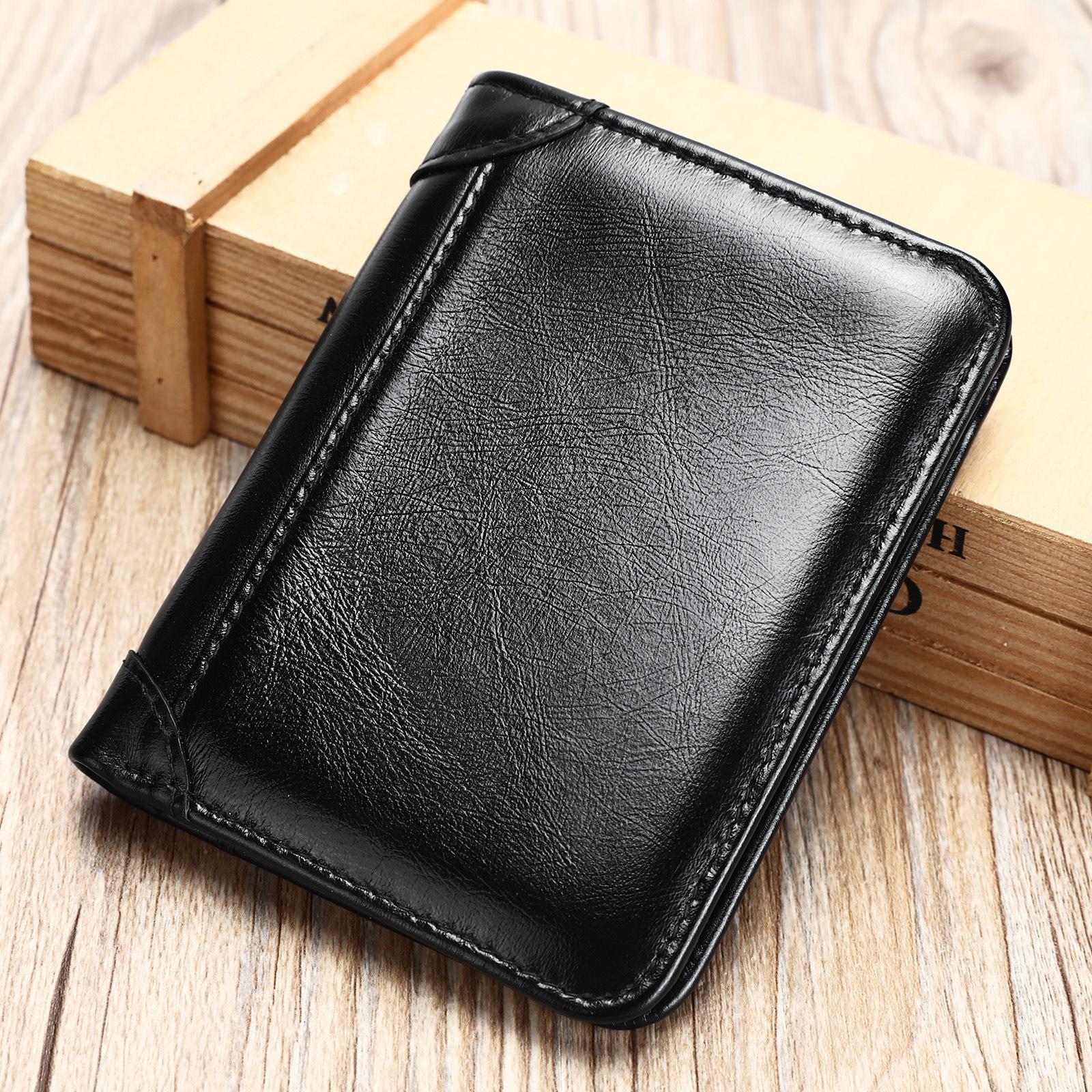 

Винтажный кошелек из натуральной кожи, мужской кошелек для монет, RFID-защита от кражи, сумка для карт с несколькими отделениями для карт, короткий, тройной зажим для денег чёрный