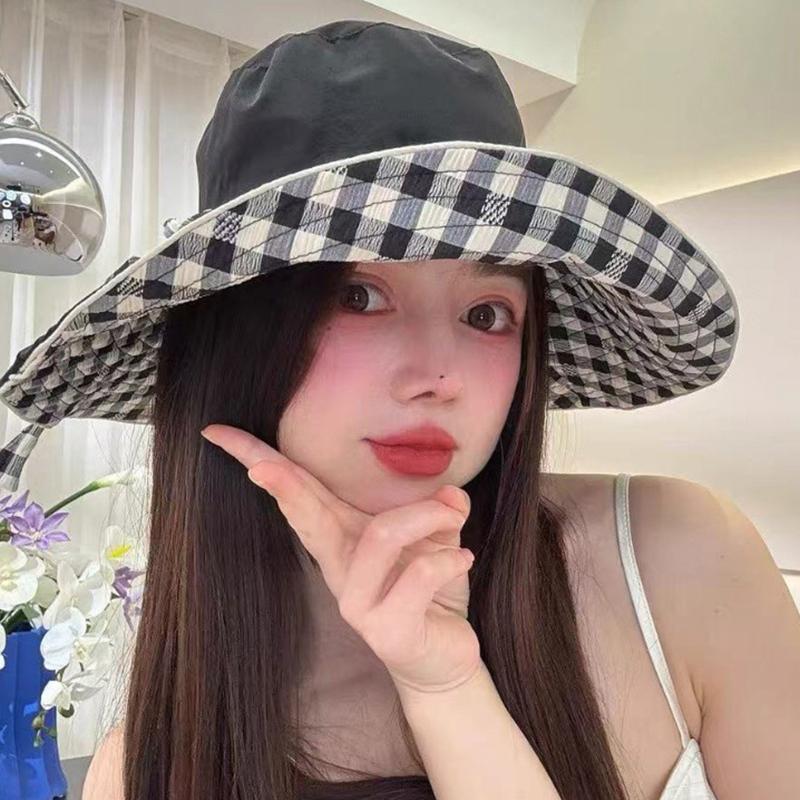 Chapeau Bob Plaid Double Face à Bord Large à Lacets Été Extérieur Polyvalent Protection Solaire Doux Couleur Contrastée Plaid Chapeaux pour Femmes