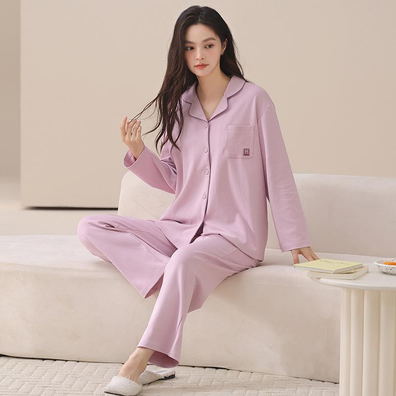 Couple pajamas pure cotton long-sleeved spring and autumn women's simple casual men's comfortable cardigan cotton loungewear set