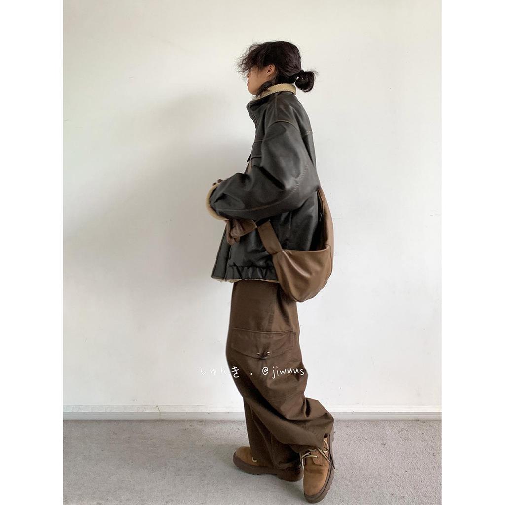 Unisex Japanese Retro Lambswool Leather Jacket for Autumn and Winter