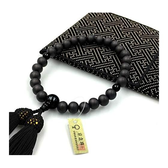 Urushi Products Japanese Juzu (Prayer Beads) with "Inden-style" Pouch - Men's Matte Black Ebony, Suitable for All Sects, Kyoto Juzu Manufacturing