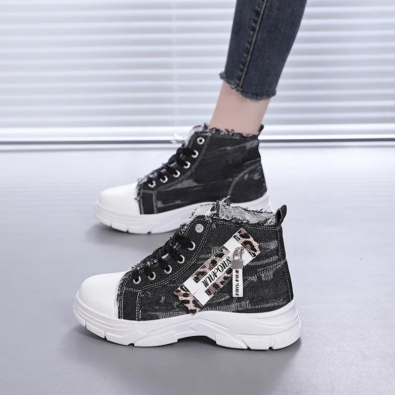 Women Sneakers New Canvas High-top Women Shoes 2025 Breathable Denim Sneakers Women Summer Thick Bottom Heightening Casual Shoes