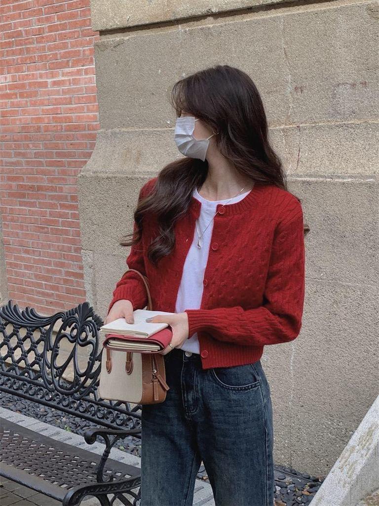 Korean Academic Cable Knit Cardigan for Women – Soft, Sweet Round Neck Solid Knitwear
