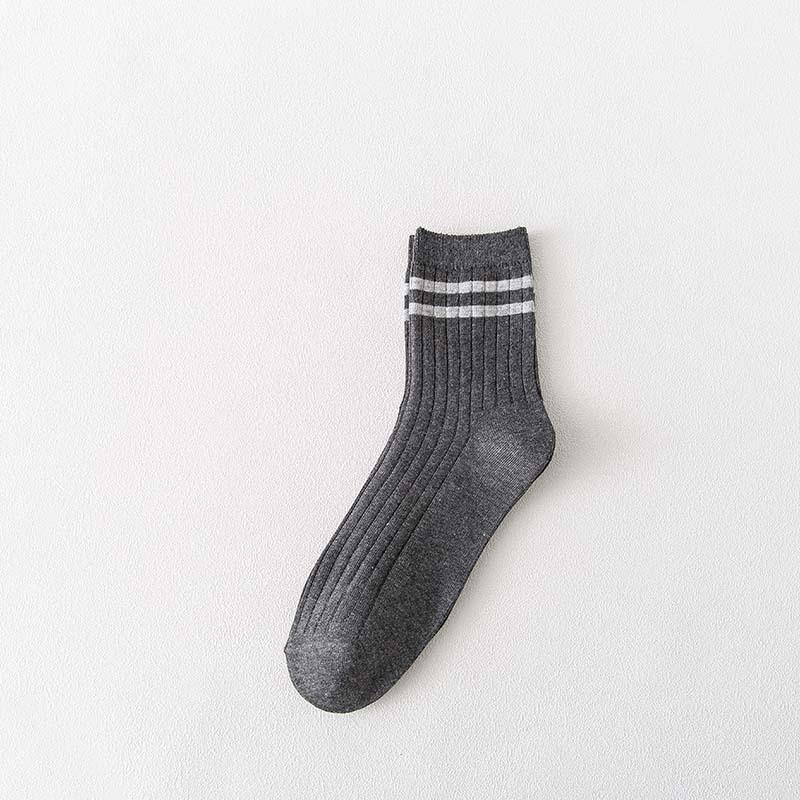 Men's Mid-calf Socks Spring and Autumn Two-bar Solid Color Cotton Socks Breathable Striped Men's Autumn and Winter Double-needle Long Calf Socks