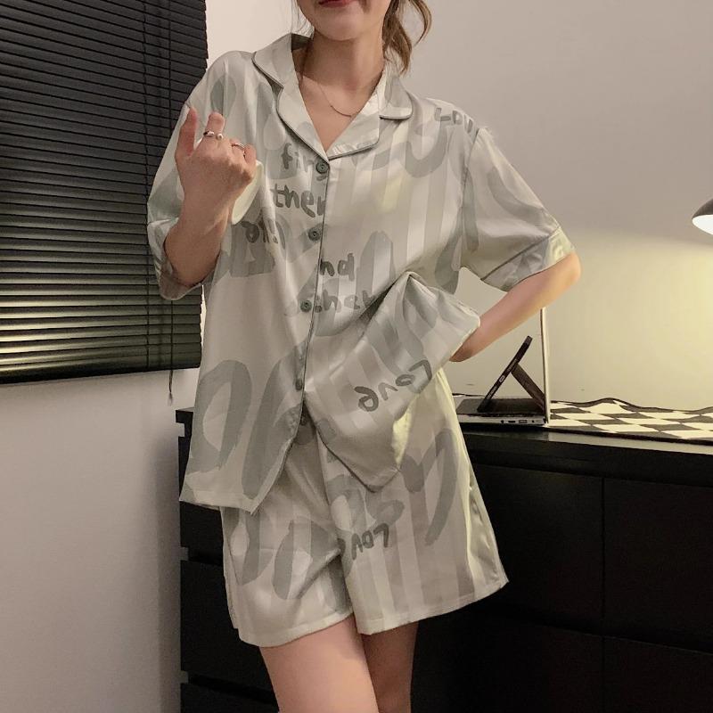 2 Pezzi Stampa Indumenti da Notte Raso di Seta Sintetica Pigiami Moda Casual Pigiama Donna Set Pigiama con Pantaloncini Abiti Pittura a Inchiostro