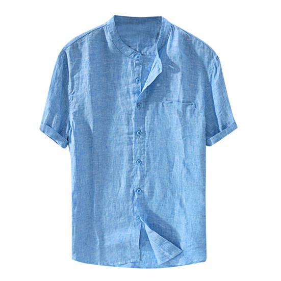 Men Shirt Solid Color Stand Collar Summer Loose Single-breasted Top for School