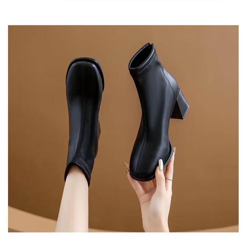 New French Style Soft Leather Ankle Boots - Square Toe Chunky Heel Slim Fit Booties Women'S Autumn Winter Fashion Boots