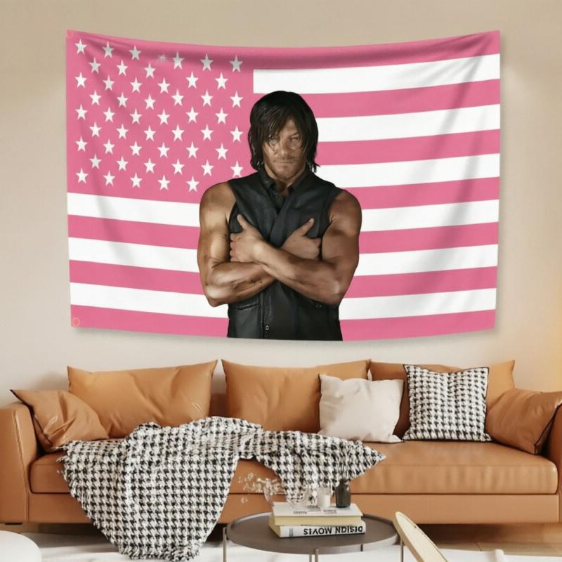 1pc D-Daryl D-Dixon Zombie Pink American Flag Tapestry, 2 Holes Easy Hanging, Indoor Outdoor Wall Decor for Living Room Bedroom 100X70CM
