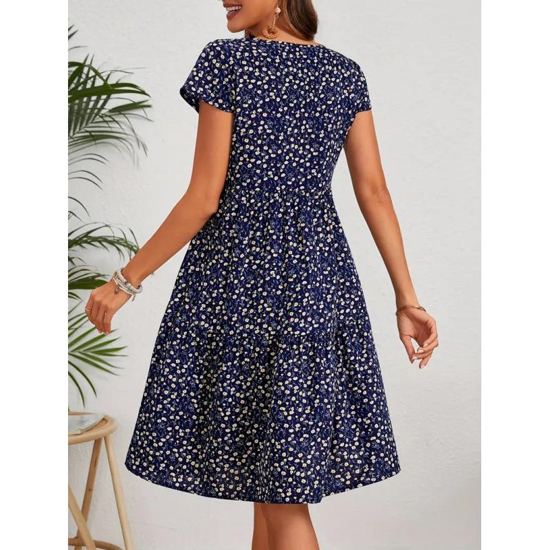 Women's Spring&Summer Printed Round Neck Short Sleeve Dresses