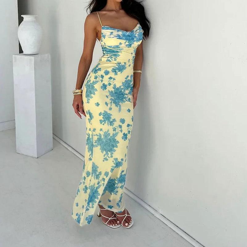 Women's Temperament, Elegant and Fashionable Printed Slim Hip-packing Suspender Long Dress