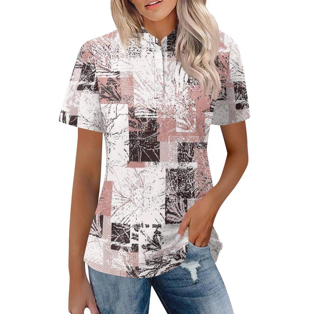 Women Casual Polo Shirt Short Sleeve Loose Fit Button Up Neck Lightweight Comfortable Top for Everyday Wear