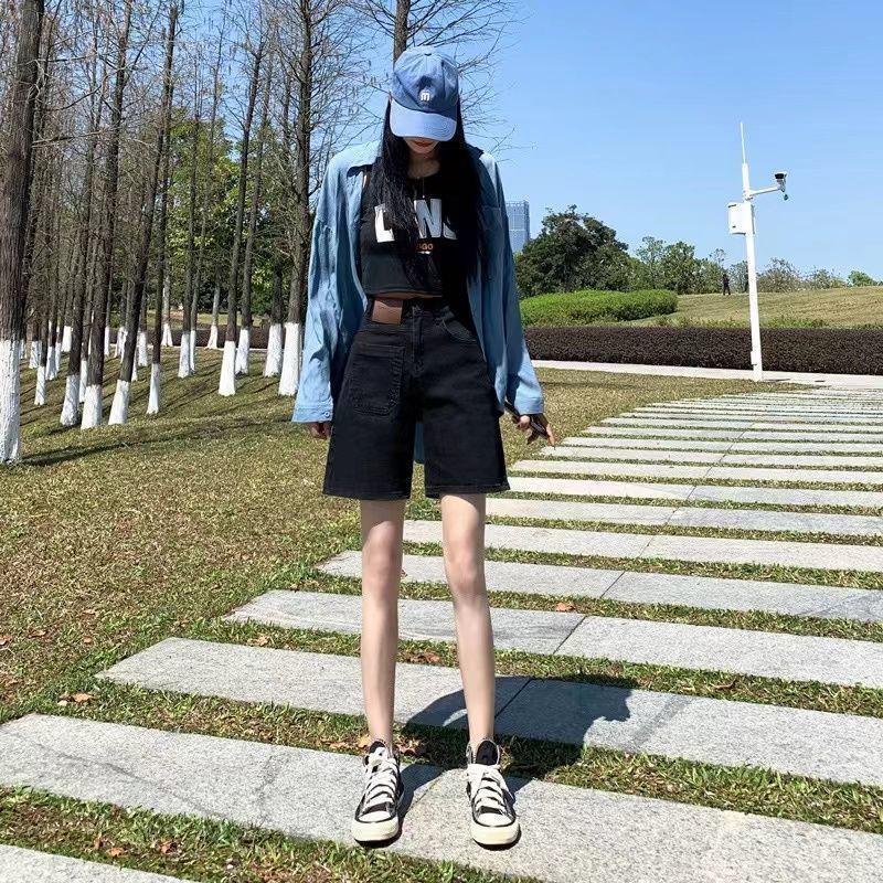 Women's High-Waisted Black Denim Shorts - Summer Slimming, Loose, Wide-Leg Versatile Hot Pants.