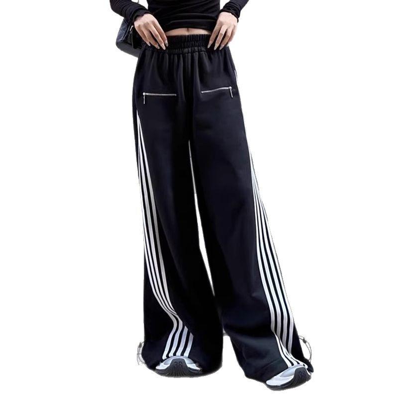 Women's Embroidered Striped Sweatpants - Spring/Autumn 2025 Trendy American Wide-Leg Floor-Length