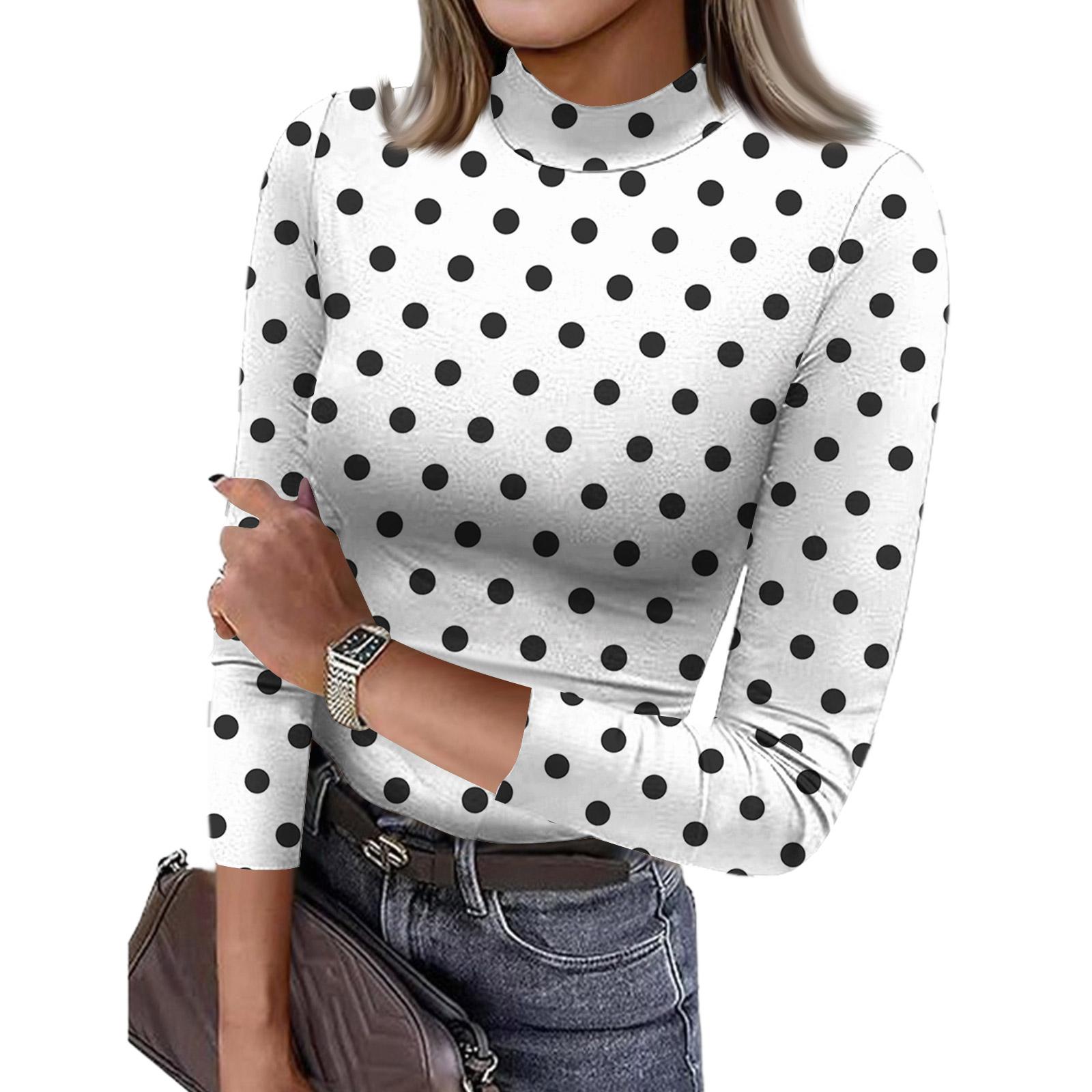 

Women s Slim Bottom T-shirt Fashion Casual Polka Dot Printing Round Neck Pullover 3/4 Sleeve Top XL белый