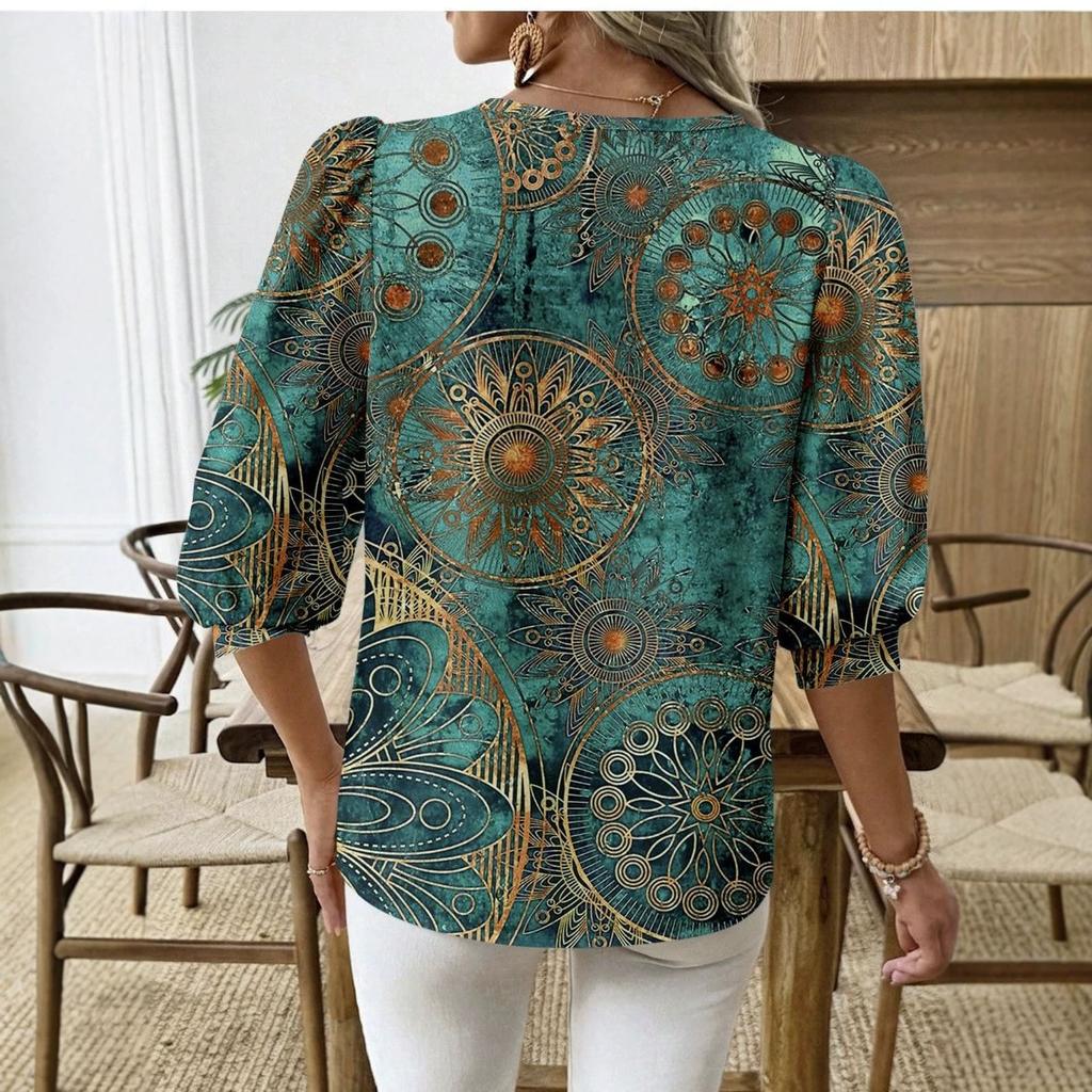 European and American new retro bohemian top, round neck lantern sleeve printed loose holiday medium sleeve shirt
