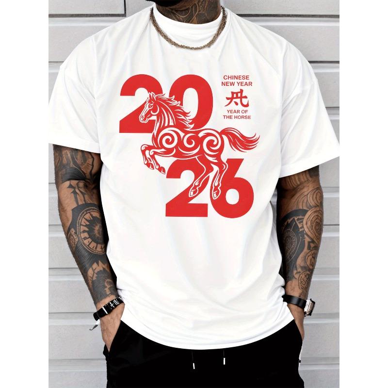 

European sizes Red Graphic Short-Sleeved Men S Casual Shirt, Celebrating The Year of The Horse, Perfect for Street Style And Holiday Gifting S белый