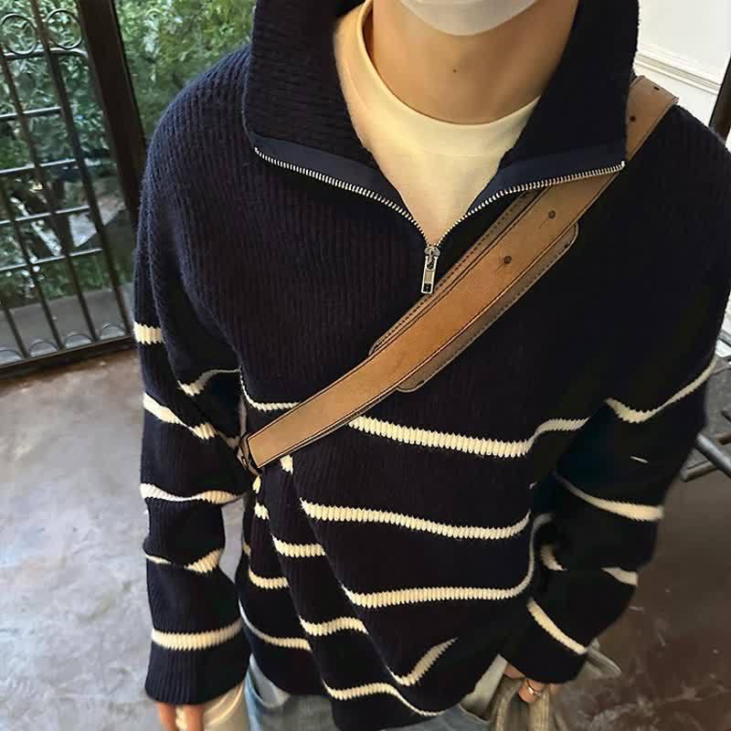 Men s Striped Half-Zip Stand Collar Sweater - Autumn/Winter Loose Knit Pullover XL