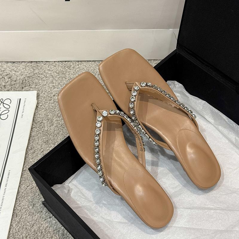 

Летние хрустальные шлепанцы с перемычкой для пальца, женские, модные, на толстом низком каблуке, женские, для улицы, для платья, уличный стиль, слайды 35 абрикосовый