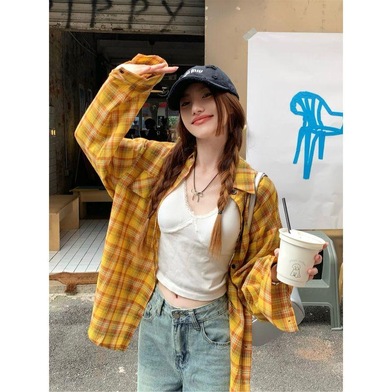 Kumikumi Yellow Casual Mid Length Long Length Gingham Shirt