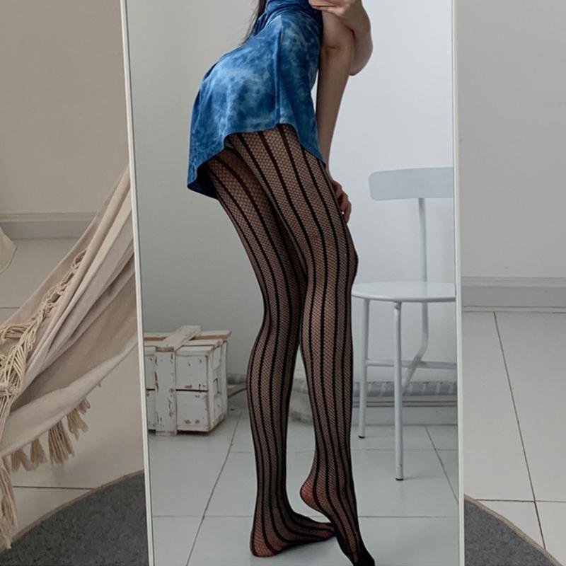 Vertical Striped Jacquard Tights Women Black See Through Mesh Pantyhose Clubwear