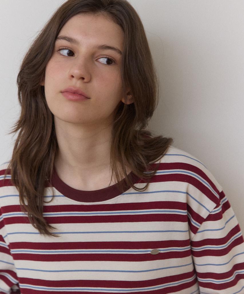 OURHOPE Oversized Logo Striped Sleeve T-Shirt - Burgundy