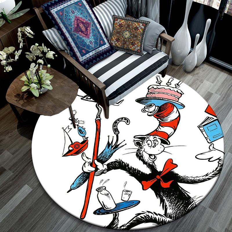 The Cat in the Hat Round Area Rug,Carpet Rug for Living Room Bedroom Sofa Playroom Decor,Non-slip Floor Mat