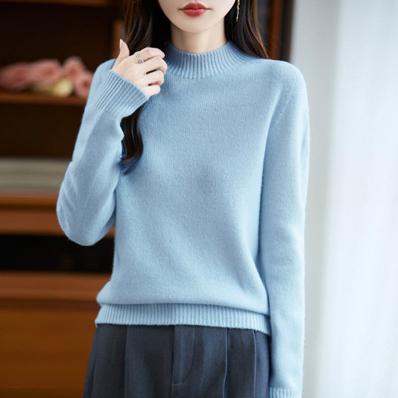 Women's Pure Color Wool Sweater - Half-High Collar, Loose Knit Pullover for Autumn/Winter