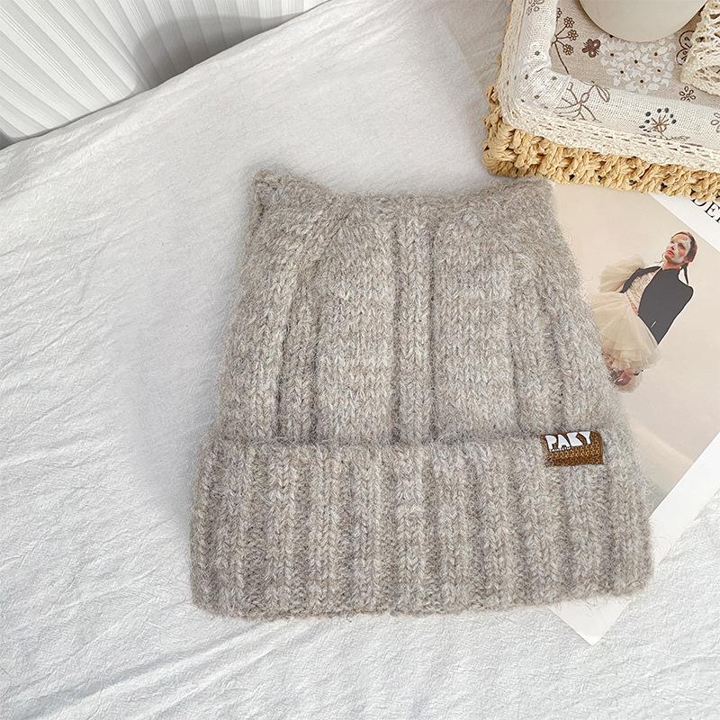 Korean Style Autumn and Winter Knitted Hat for Women Fashionable Letter Mark Cute Cat Ears Woolen Hat Warm and Face Friendly Small Pullover Hat