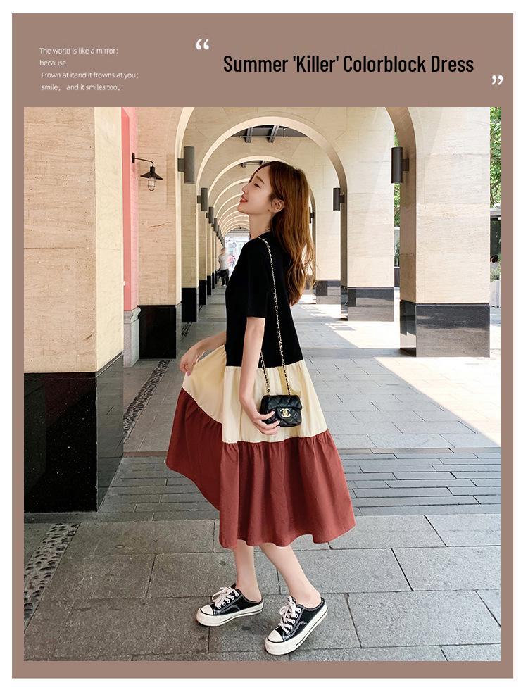 Women's Mid-Length A-line Patchwork Dress, Loose Fit, Short-Sleeved, Over-the-Knee, Summer Style