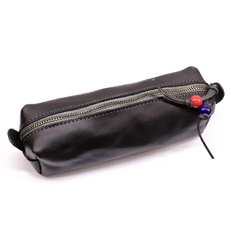 

New Top Layer Cowhide Vegetable Tanned Leather Handmade Old Pencil Case Large Capacity Storage Bag Unisex Glasses Bag чёрный