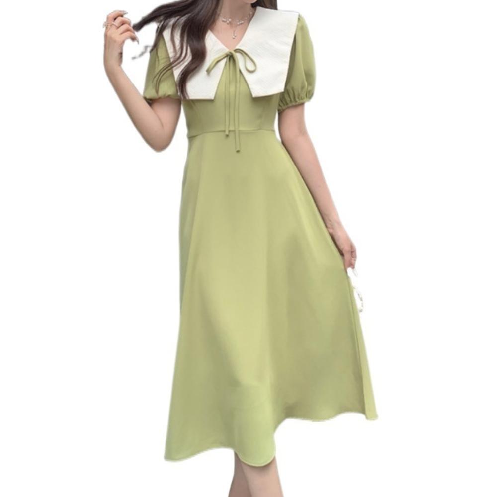 

Doll Collar Sweet Bowknot Dress High Waist Puff Sleeve Sundress Fashion Dresses Women Vacation XXXL зелений
