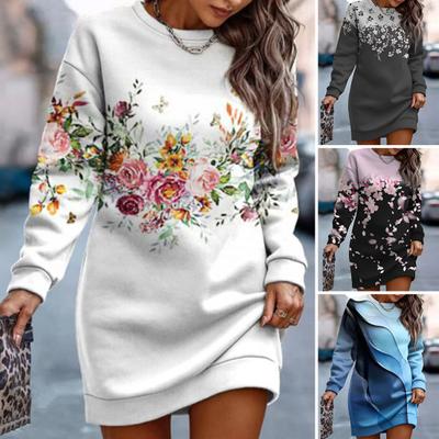 Women Fall Winter Sweartshirt Dress Flower Print Round Neck Long Sleeve Loose Pullover Thick Warm Mid Length Elastic Cuff Lady Spring Mini Dress