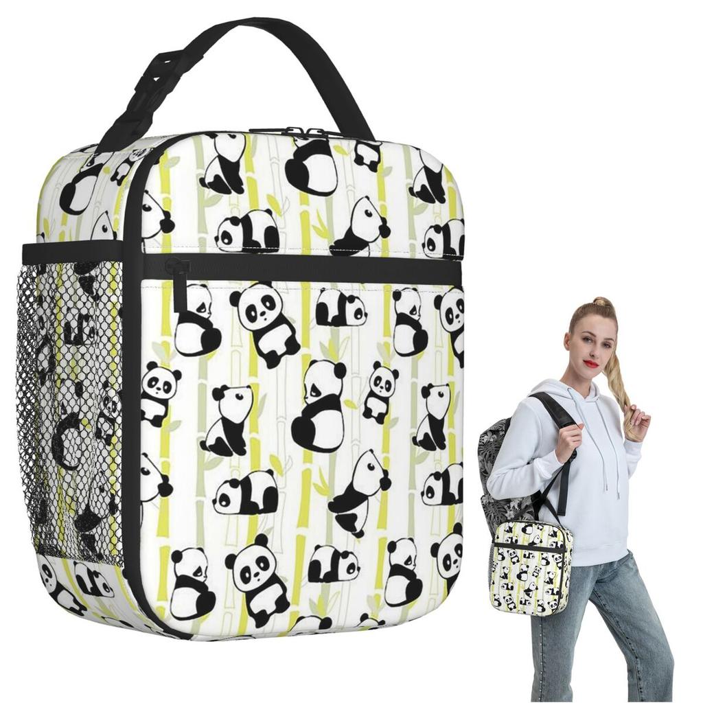 Cartoon-Panda und Bambusmuster Isolierte Lunchtasche für Damen Kinder Auslaufsichere Lebensmittelboxen Thermische Lunchbox Tragetasche