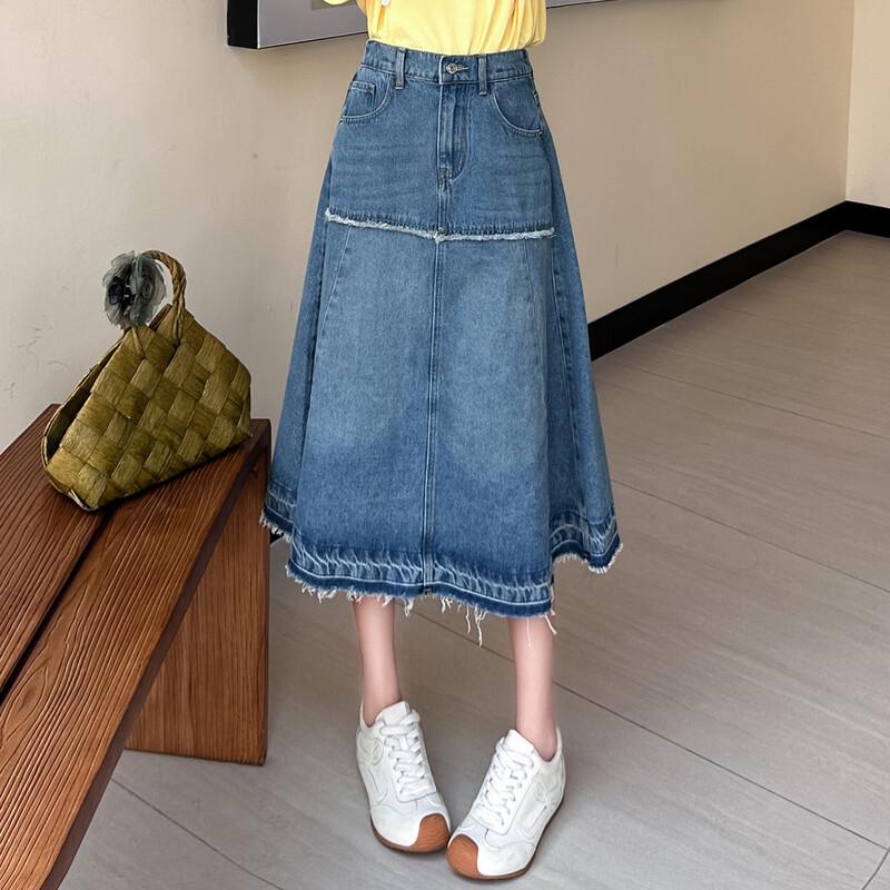 Bailuyu Women s Retro A-Line Frayed Hem Denim Skirt L