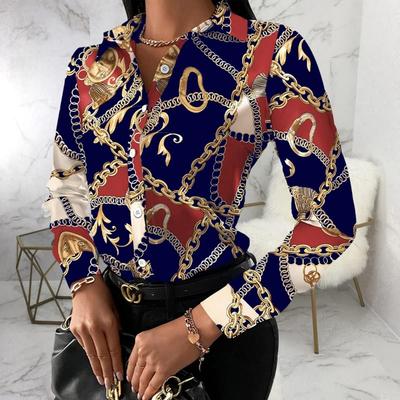 2026 New Beautiful Women's Retro Long Sleeve Lapel Shirt Color Block Chain 3D Printed Shirt Street Commuting Top Fast Shipping